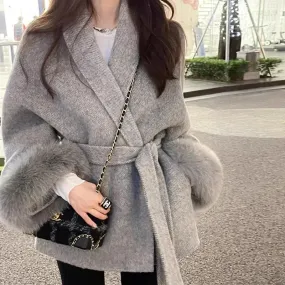 Hnewly Winter New Women Double-sided Wool Lace-up Coat Cuffs Removable Fox Fur High Quality Double-sided Cashmere Woolen Coat Female