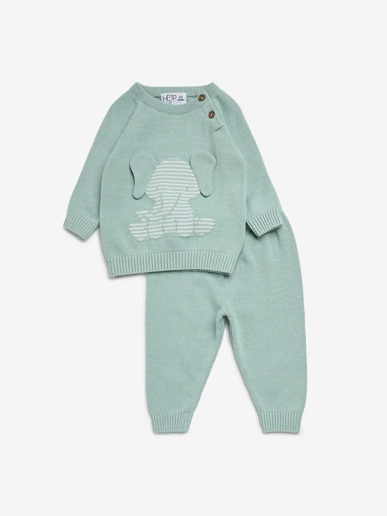 HOP Baby Mint Animal Design Cotton Sweater with Joggers Set