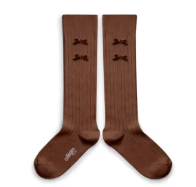 Hortense -  Ribbed Knee-high Socks with Velvet Bows - Chocolat au lait