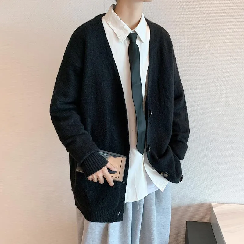 Jinquedai Mens Knitted Cardigan Classic Style V Neck Single Button Jumper Plain Color Men's Sweater Oversize Stretwear Clothing