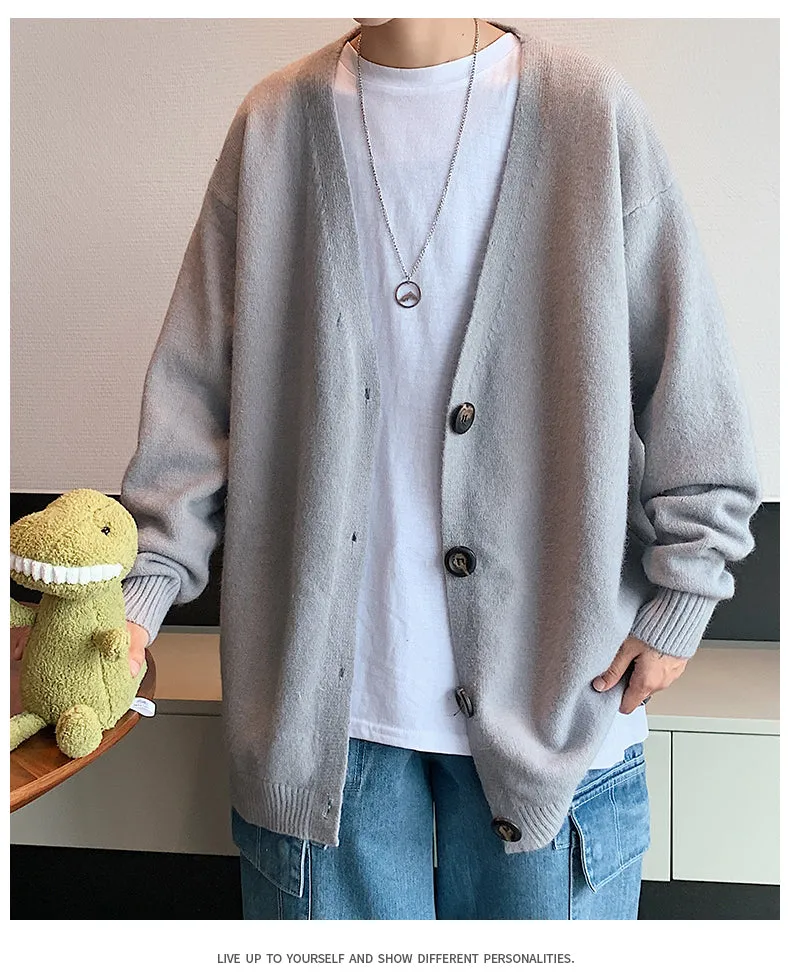 Jinquedai Mens Knitted Cardigan Classic Style V Neck Single Button Jumper Plain Color Men's Sweater Oversize Stretwear Clothing