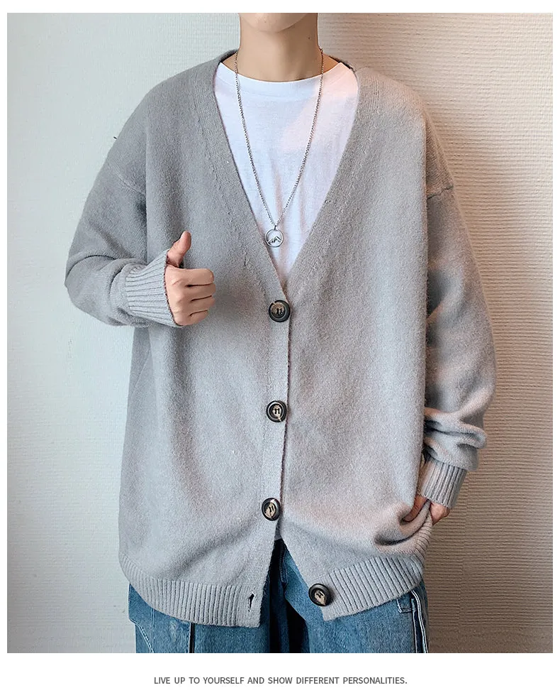 Jinquedai Mens Knitted Cardigan Classic Style V Neck Single Button Jumper Plain Color Men's Sweater Oversize Stretwear Clothing