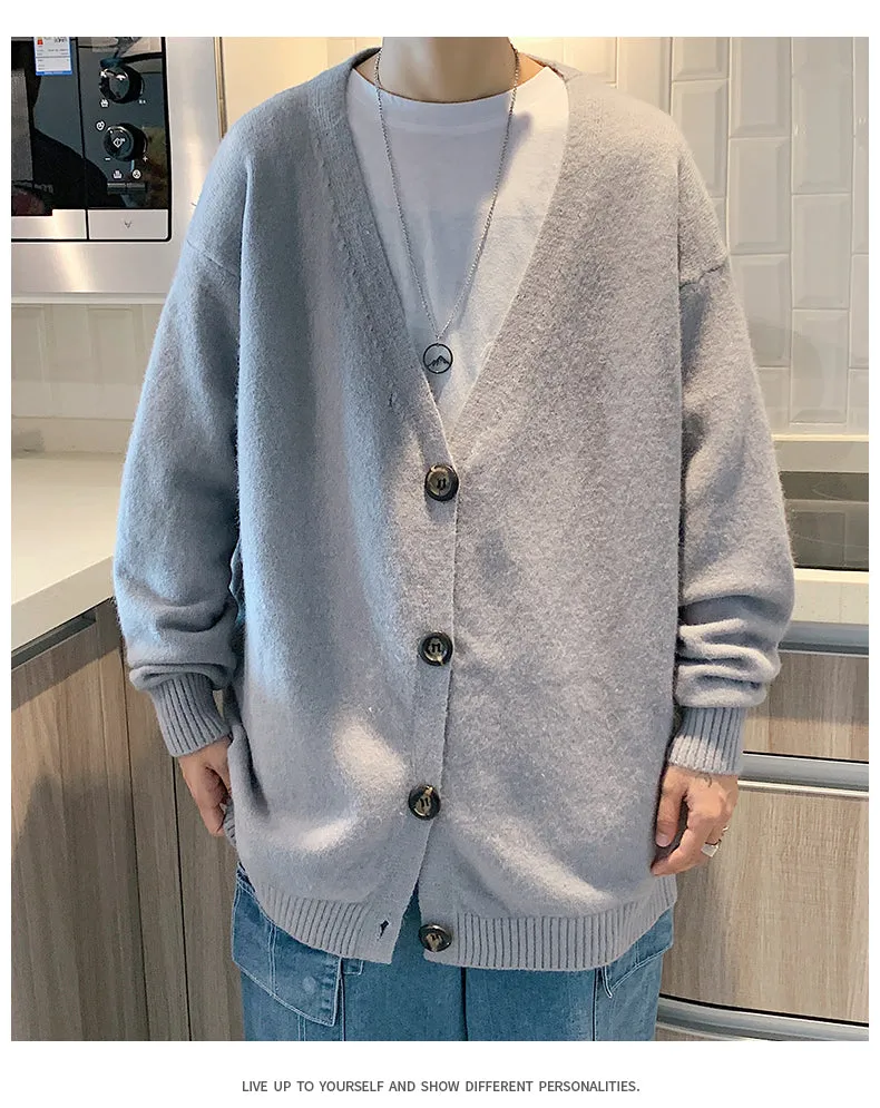 Jinquedai Mens Knitted Cardigan Classic Style V Neck Single Button Jumper Plain Color Men's Sweater Oversize Stretwear Clothing