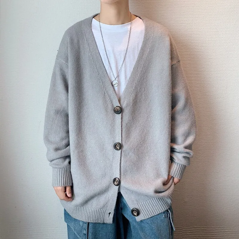 Jinquedai Mens Knitted Cardigan Classic Style V Neck Single Button Jumper Plain Color Men's Sweater Oversize Stretwear Clothing