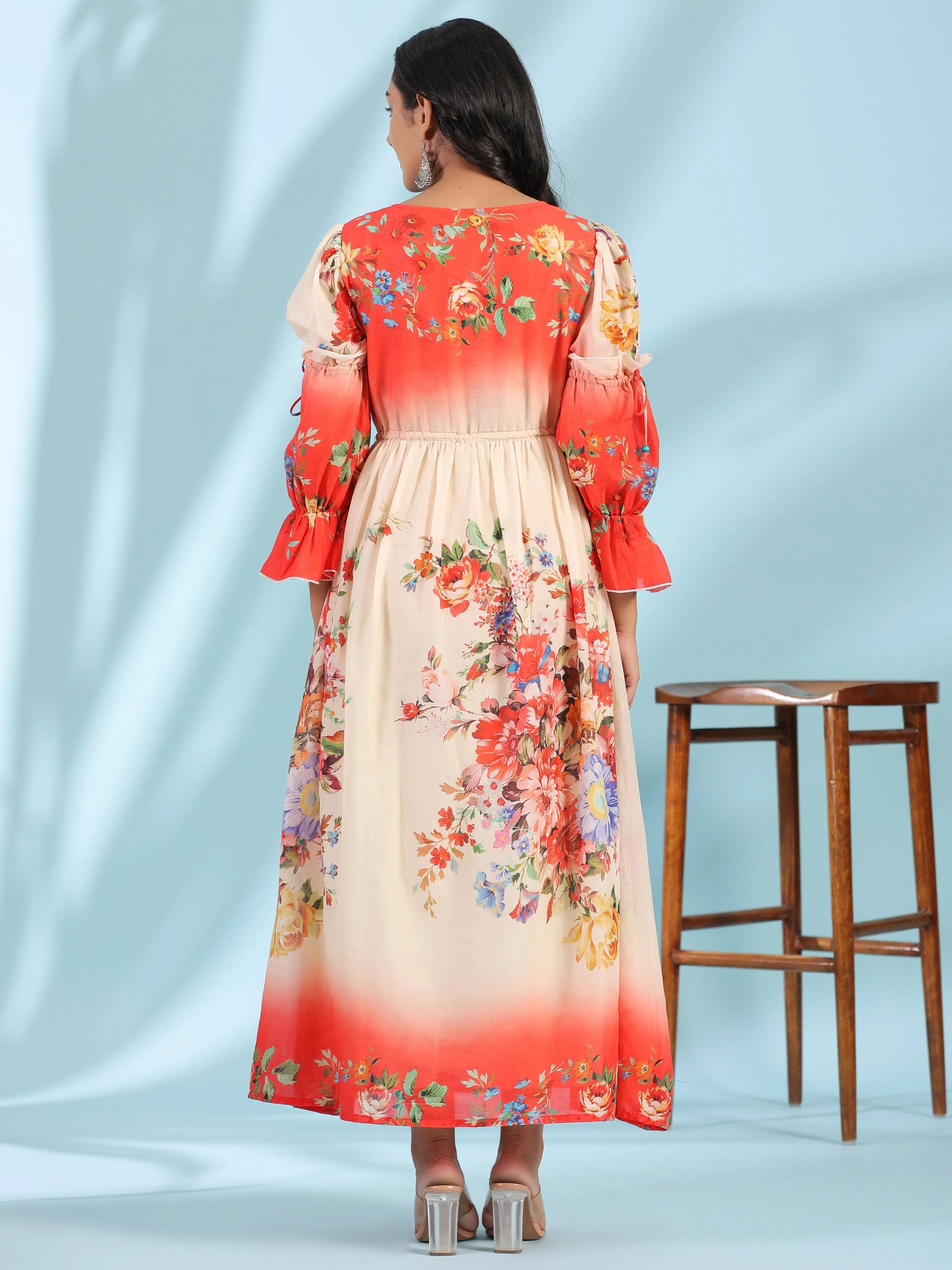 Juniper Off-White Floral Printed Cotton Maxi Dress With Beads & Sequins Work