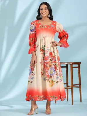 Juniper Off-White Floral Printed Cotton Maxi Dress With Beads & Sequins Work