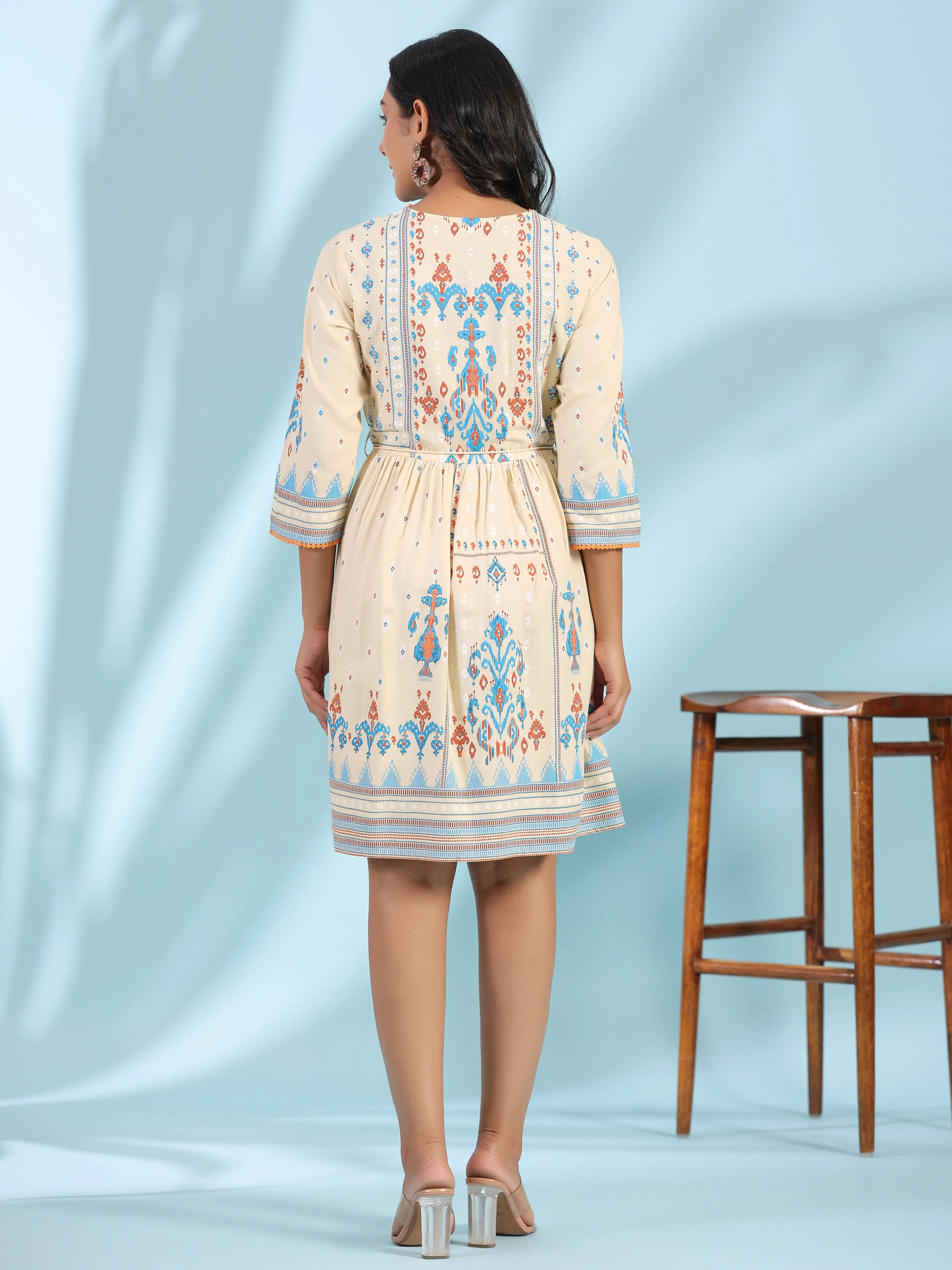 Juniper Off-White Rayon Ikat Printed Fit & Flare Lacy Short Dress With Dori Tie-Up At Waist