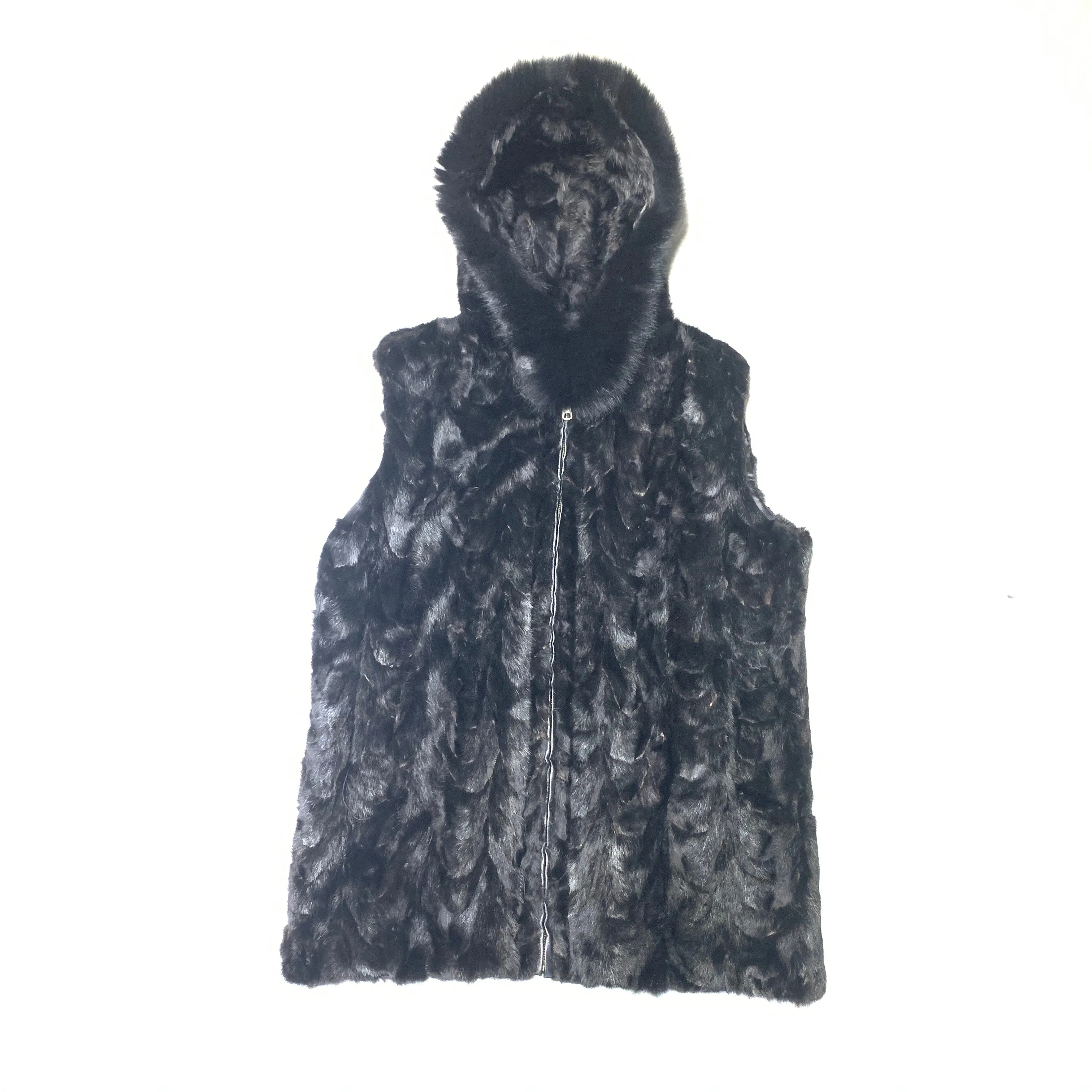 Kashani Men's Black Diamond Cut Mink Fur Fox Hooded Vest