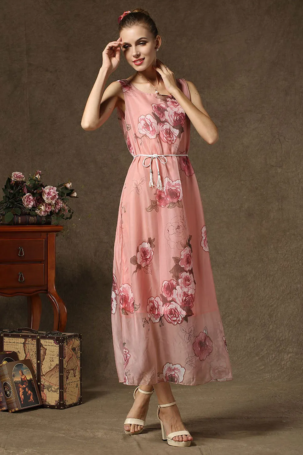 Ketty More Women Beautiful Flower Printed Sleeveless Long Dress-KMWD310