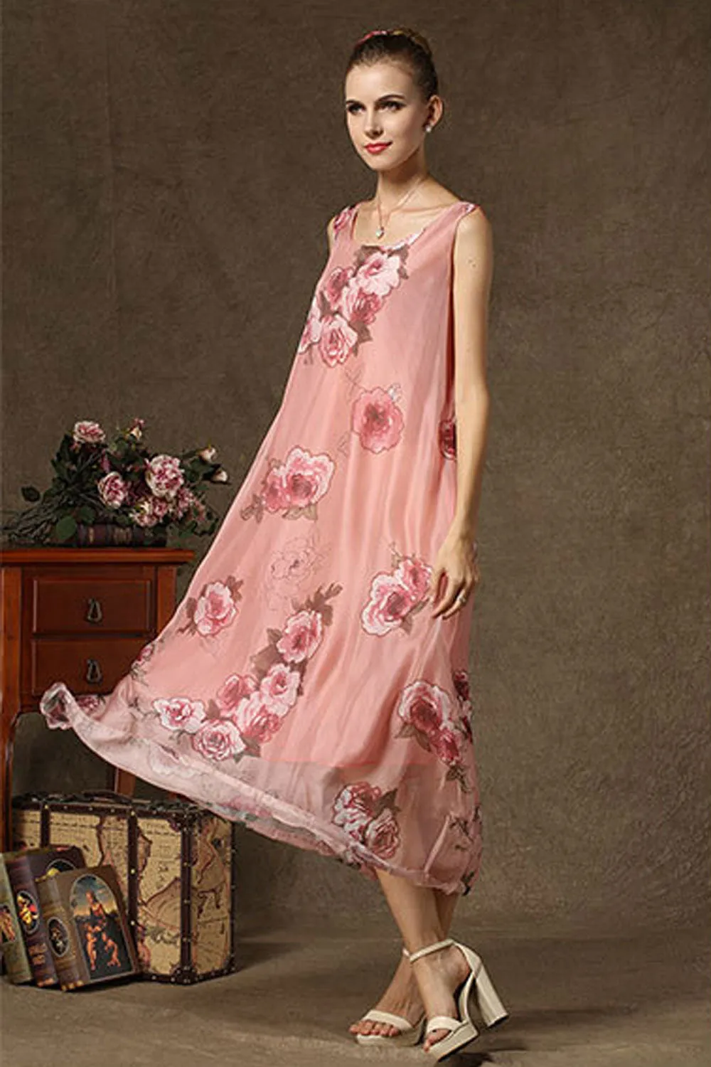 Ketty More Women Beautiful Flower Printed Sleeveless Long Dress-KMWD310