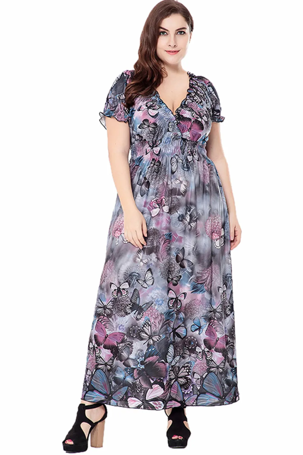 Ketty More Women V-Neck Short Sleeve Printed Long Skirt Dress-KMWD119