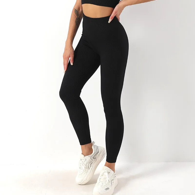 KittenAlarm - Mojoyce Ribbed Yoga Pants Sport Leggings Women Fitness Gym Clothing High Waist Push Up Seamless Workout Pants Solid Tights