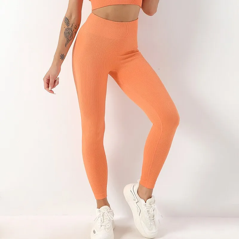 KittenAlarm - Mojoyce Ribbed Yoga Pants Sport Leggings Women Fitness Gym Clothing High Waist Push Up Seamless Workout Pants Solid Tights