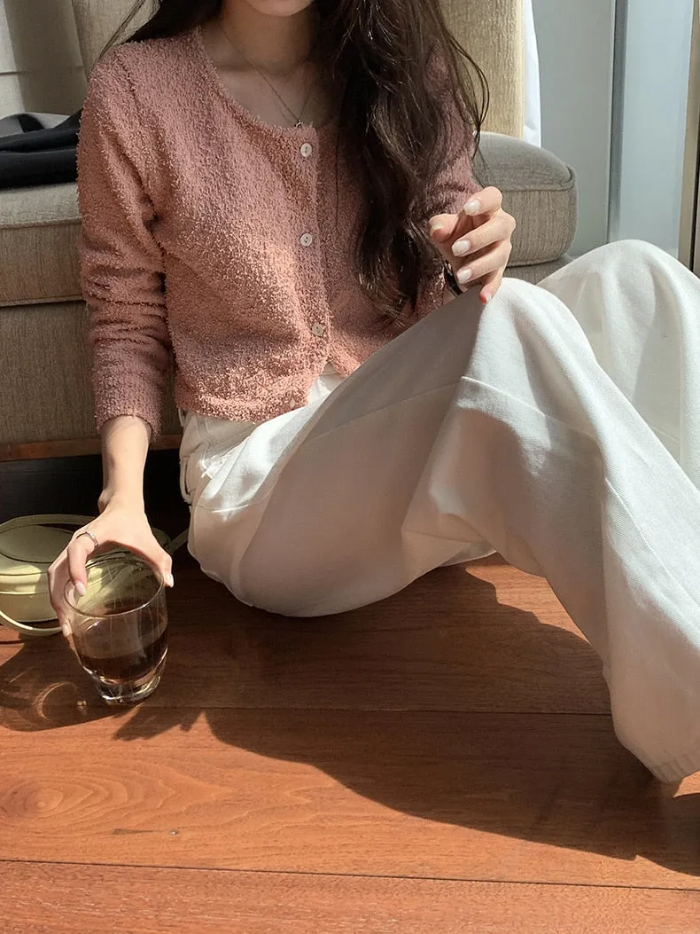 [Korean Style] 4 Color Round Neck Cropped Terry Cardigan