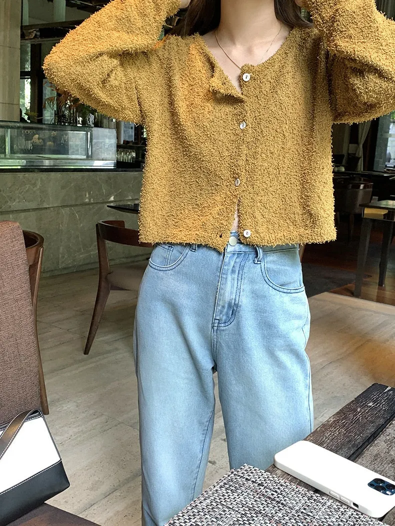 [Korean Style] 4 Color Round Neck Cropped Terry Cardigan