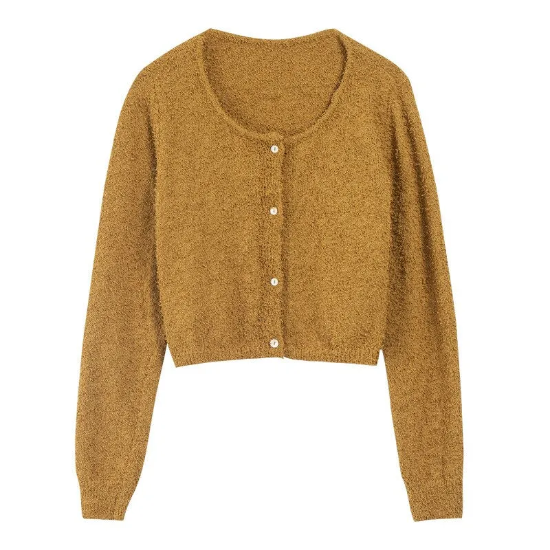 [Korean Style] 4 Color Round Neck Cropped Terry Cardigan