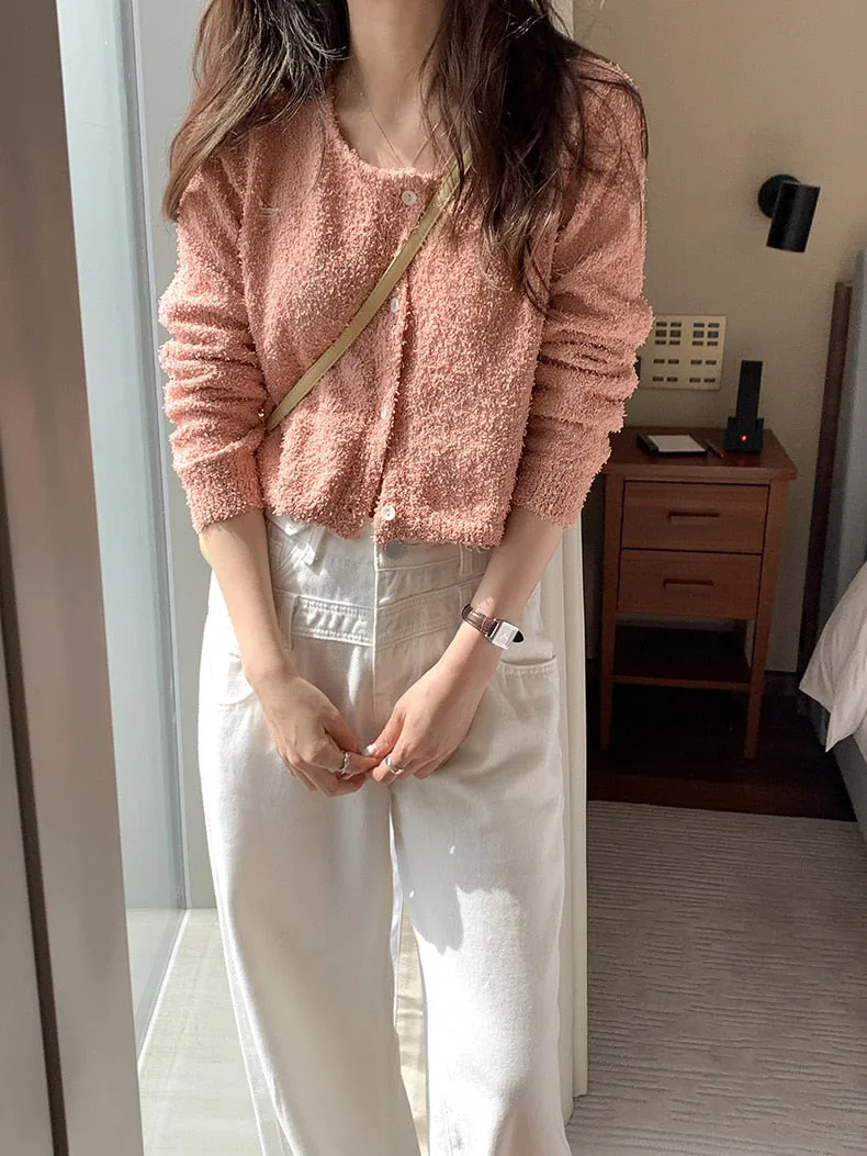 [Korean Style] 4 Color Round Neck Cropped Terry Cardigan