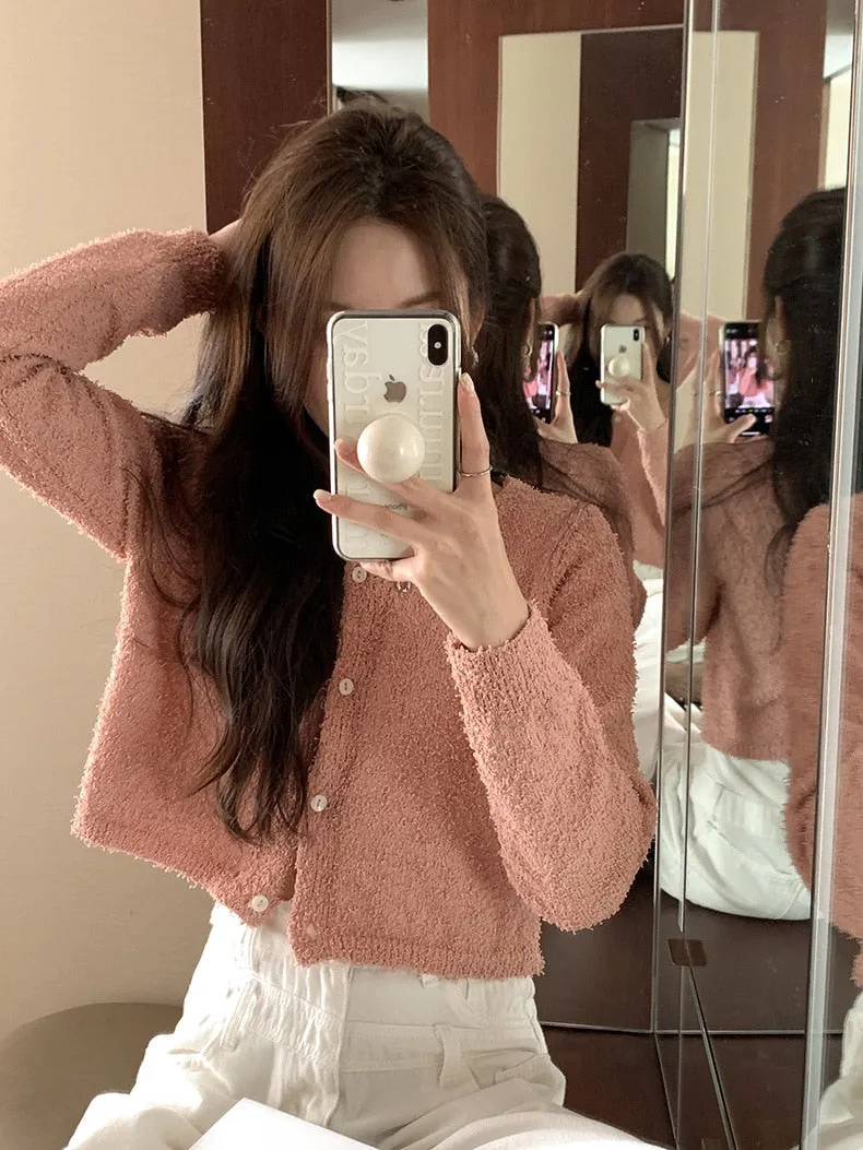 [Korean Style] 4 Color Round Neck Cropped Terry Cardigan