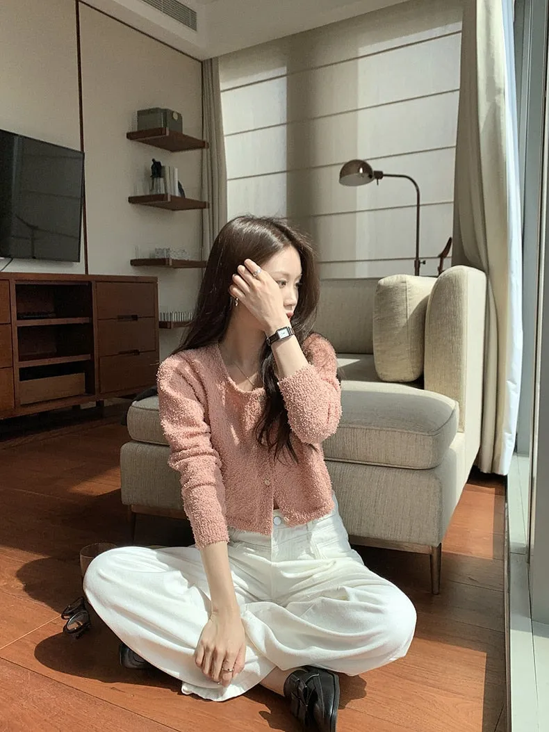 [Korean Style] 4 Color Round Neck Cropped Terry Cardigan