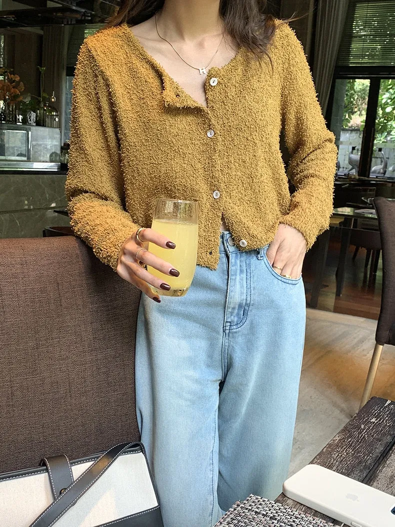 [Korean Style] 4 Color Round Neck Cropped Terry Cardigan