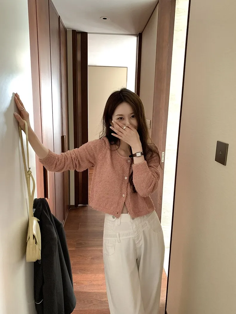 [Korean Style] 4 Color Round Neck Cropped Terry Cardigan