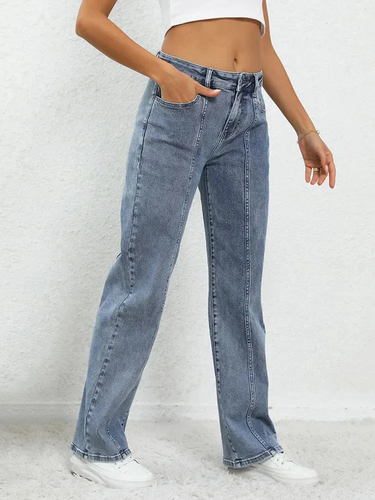 Ladies Fashion Vintage Wide Leg Trousers For Women Mid Waisted Loose Casual Straight Denim Jeans