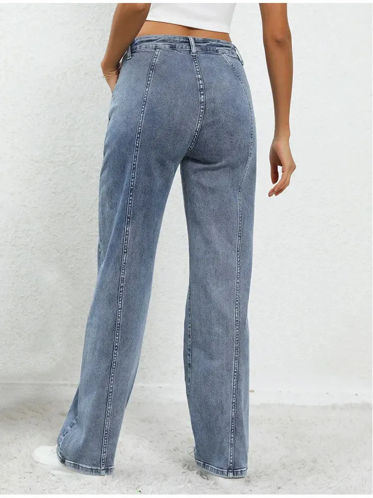 Ladies Fashion Vintage Wide Leg Trousers For Women Mid Waisted Loose Casual Straight Denim Jeans