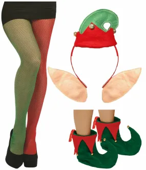 Ladies Fishnet Tights Elf Headbopper Shoes Christmas Xmas Fancy Dress Set