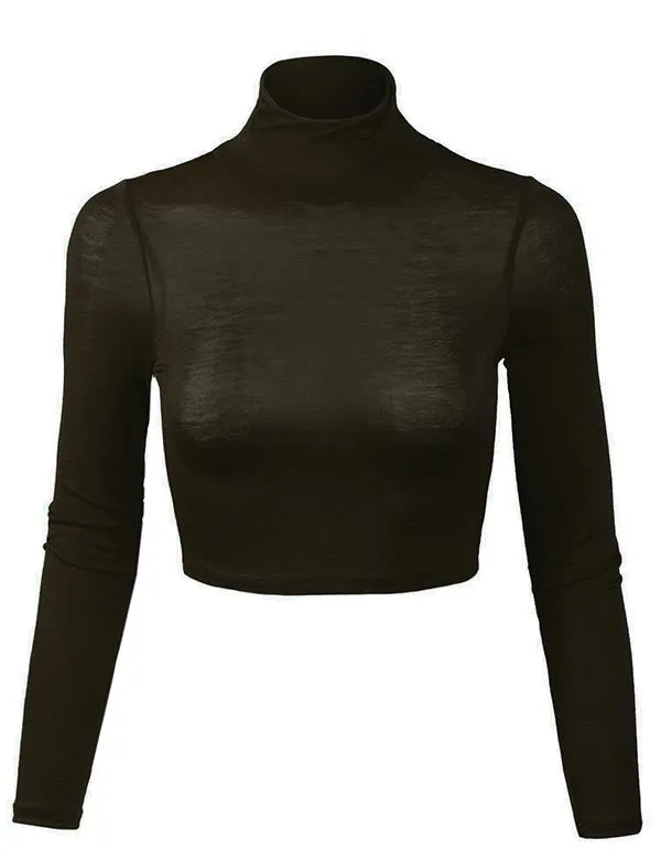 Lightweight Fitted Long Sleeve Turtleneck Crop Top with Stretch