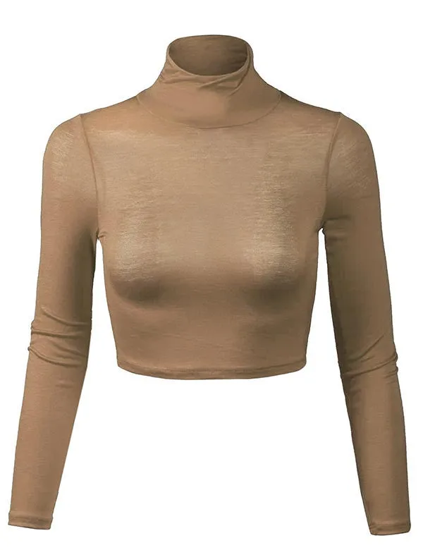 Lightweight Fitted Long Sleeve Turtleneck Crop Top with Stretch