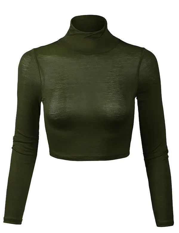 Lightweight Fitted Long Sleeve Turtleneck Crop Top with Stretch