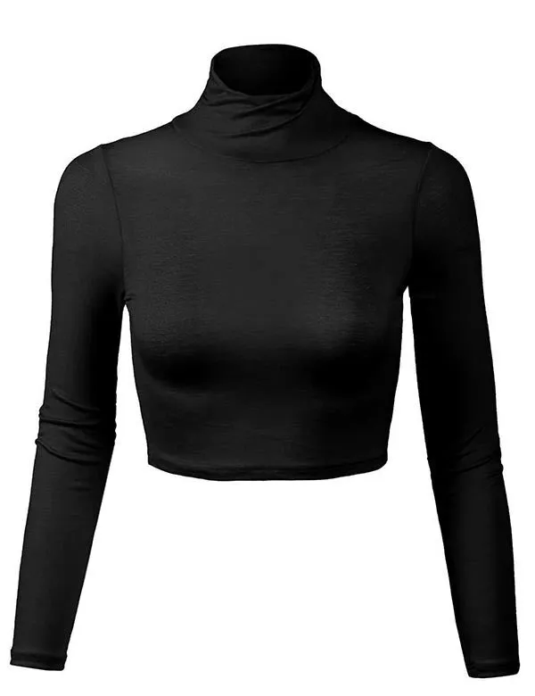 Lightweight Fitted Long Sleeve Turtleneck Crop Top with Stretch