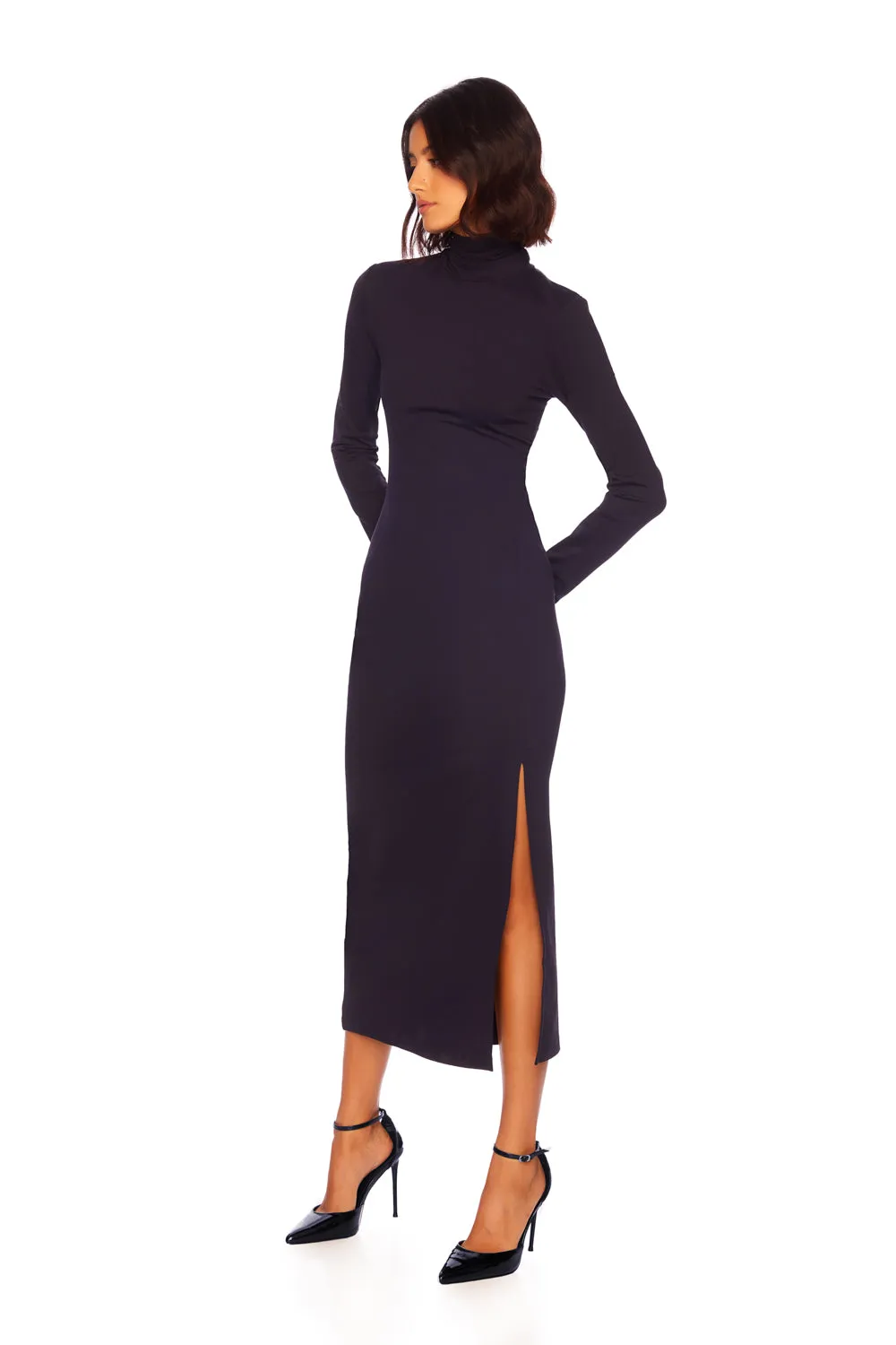 long sleeve turtleneck slit dress