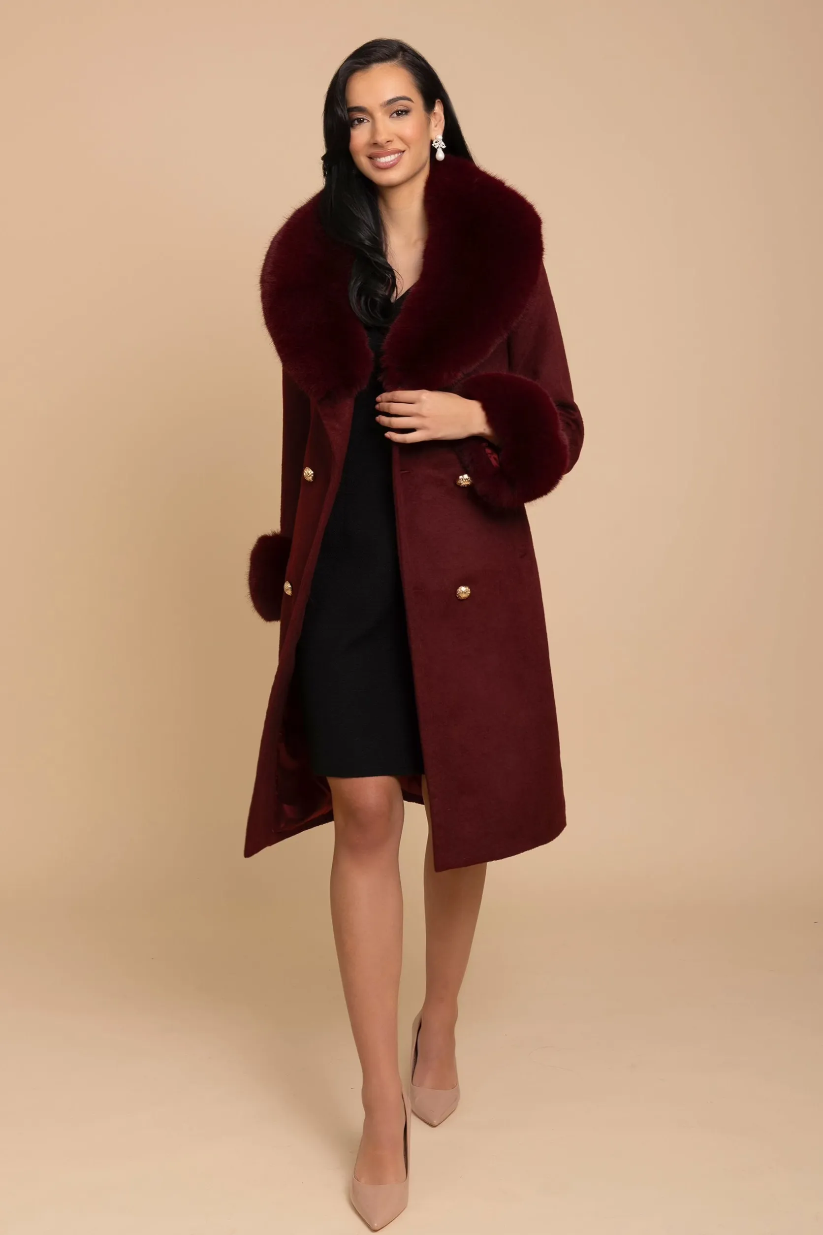 'Marlene' Cashmere and Wool Coat with Faux Fur in Rosso