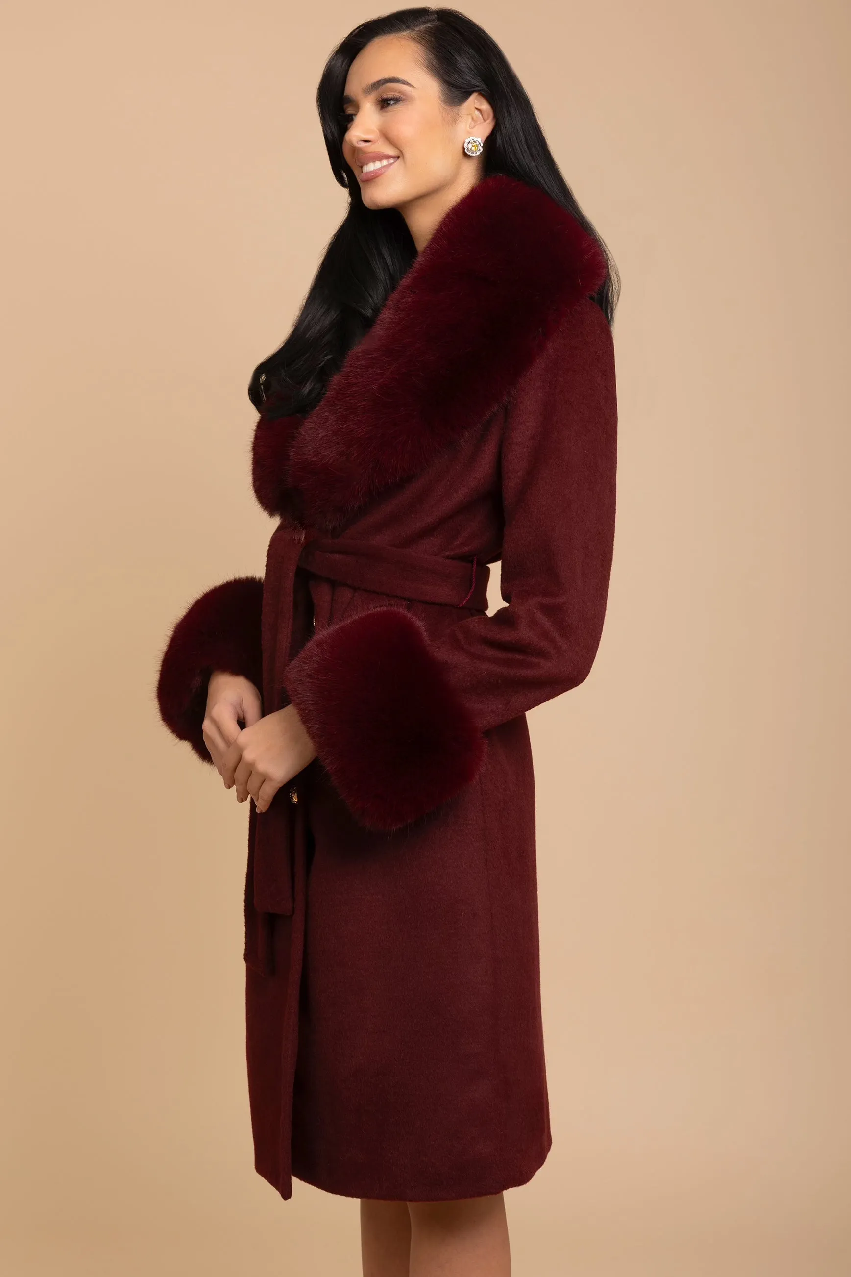 'Marlene' Cashmere and Wool Coat with Faux Fur in Rosso