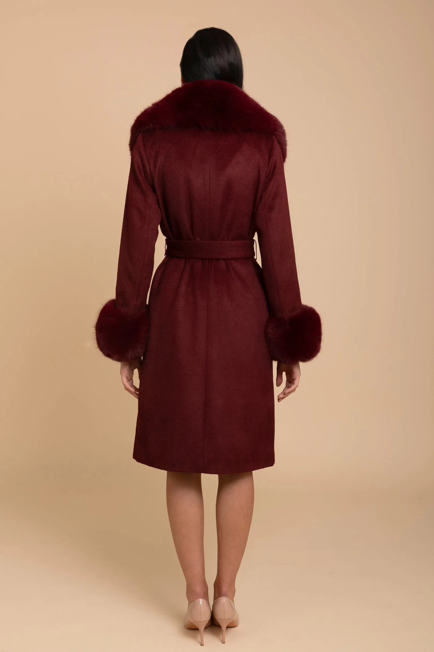 'Marlene' Cashmere and Wool Coat with Faux Fur in Rosso