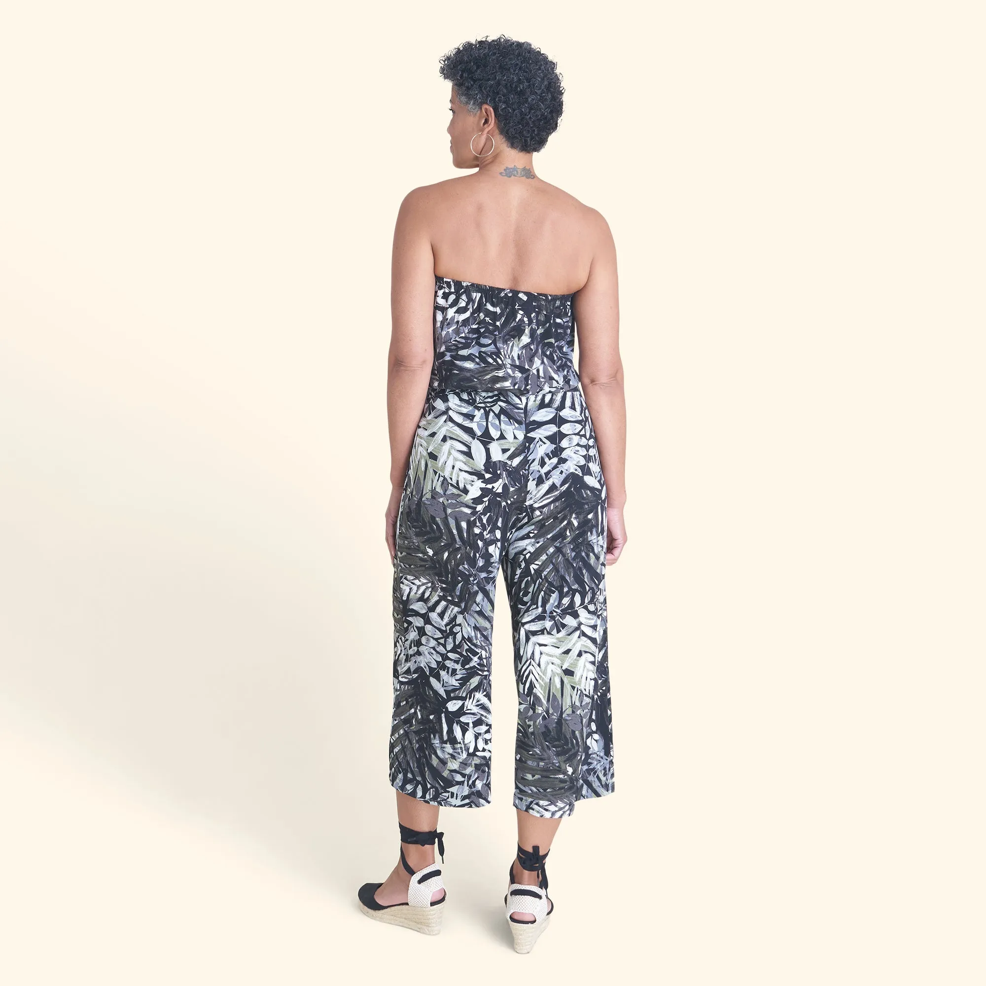 Melissa Olive Leaf Print Strapless Jumpsuit