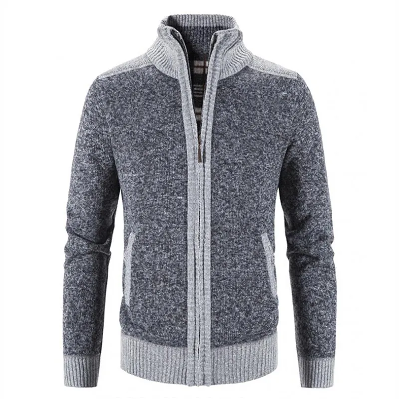 Men Sweater Coat Patchwork Cardigan Knitted Sweater Jacket Slim Fit Stand Collar Coats