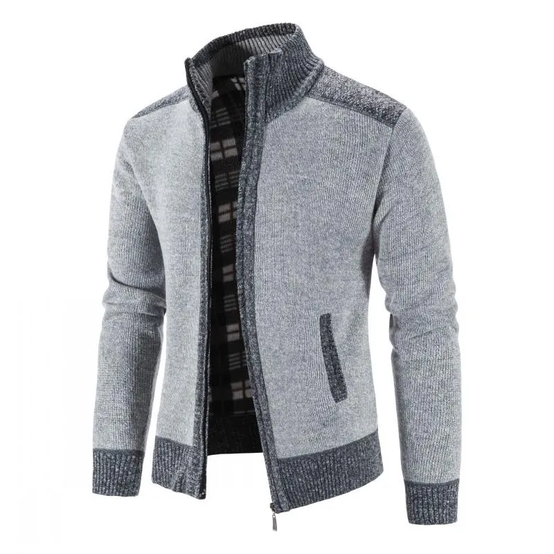 Men Sweater Coat Patchwork Cardigan Knitted Sweater Jacket Slim Fit Stand Collar Coats