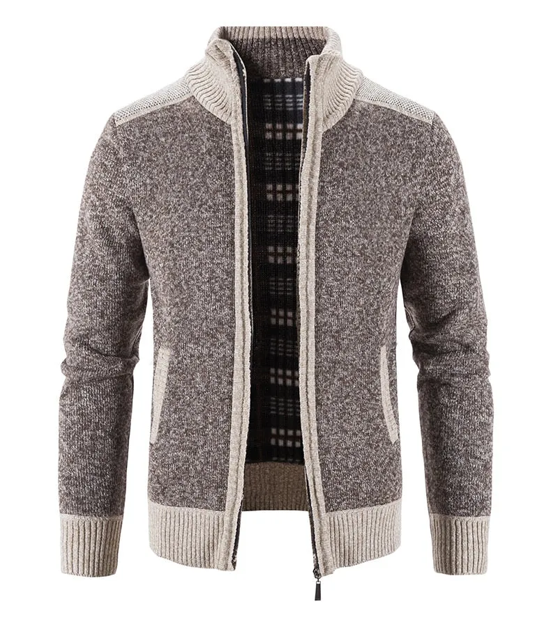 Men Sweater Coat Patchwork Cardigan Knitted Sweater Jacket Slim Fit Stand Collar Coats