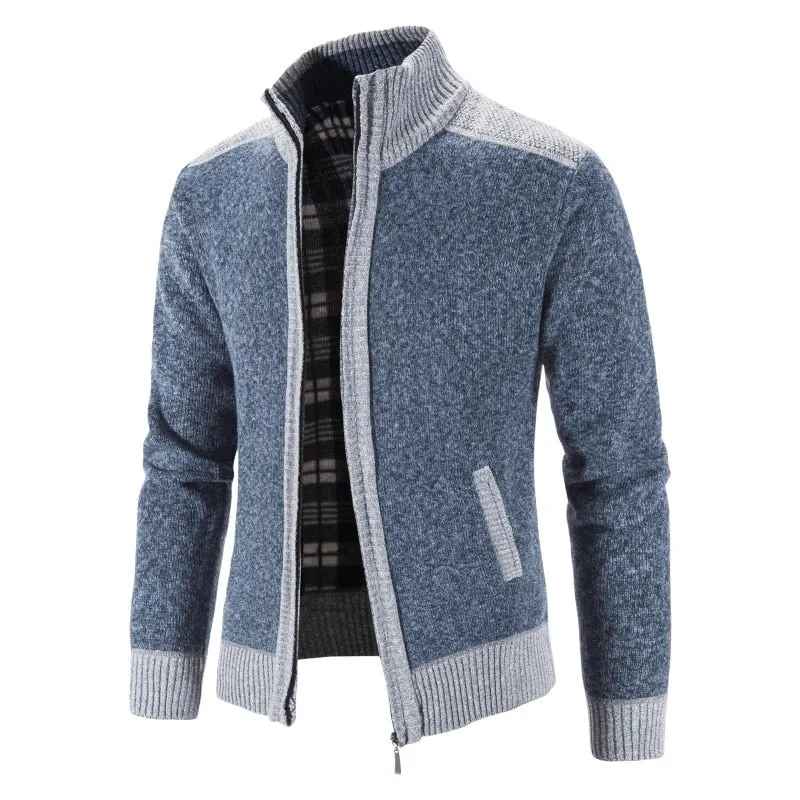 Men Sweater Coat Patchwork Cardigan Knitted Sweater Jacket Slim Fit Stand Collar Coats