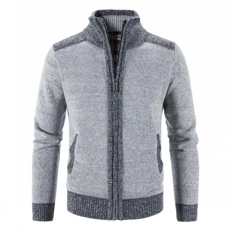 Men Sweater Coat Patchwork Cardigan Knitted Sweater Jacket Slim Fit Stand Collar Coats