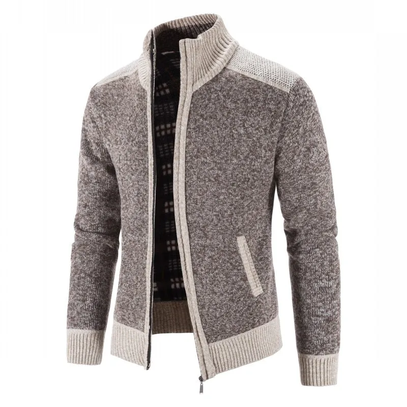 Men Sweater Coat Patchwork Cardigan Knitted Sweater Jacket Slim Fit Stand Collar Coats