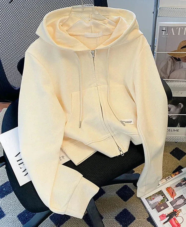 Metaversmall Autumn Grey High Waist Cropped Hoodies Zip-up Short Hooded Female Cardigan Korean Women's Sweatshirt Pink Small Coat M-XL