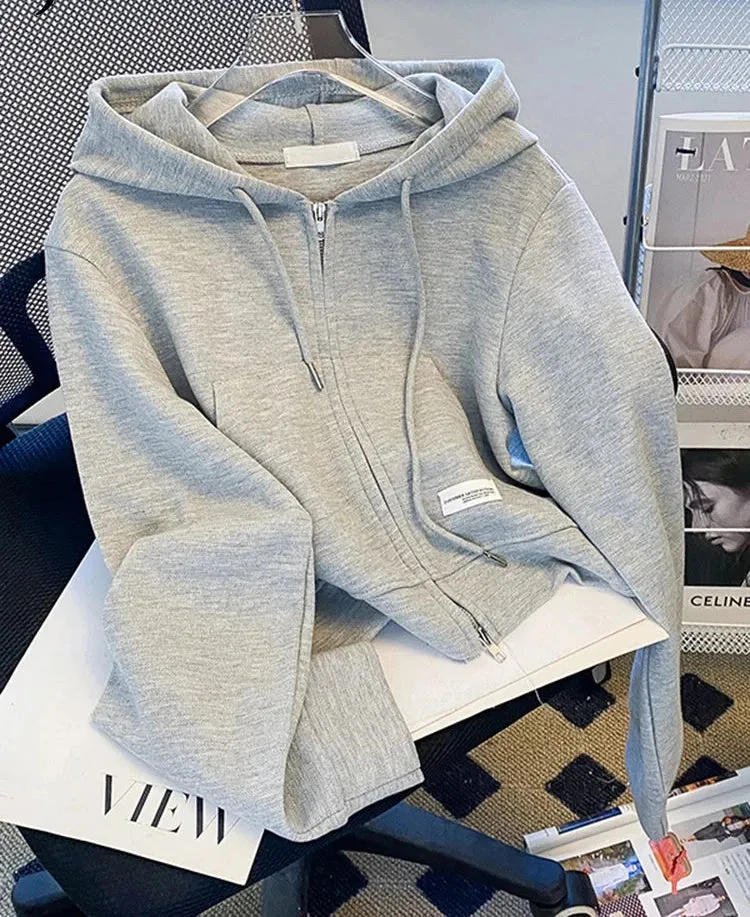 Metaversmall Autumn Grey High Waist Cropped Hoodies Zip-up Short Hooded Female Cardigan Korean Women's Sweatshirt Pink Small Coat M-XL