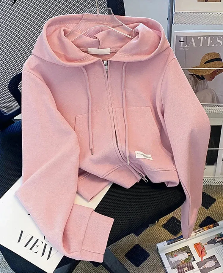 Metaversmall Autumn Grey High Waist Cropped Hoodies Zip-up Short Hooded Female Cardigan Korean Women's Sweatshirt Pink Small Coat M-XL