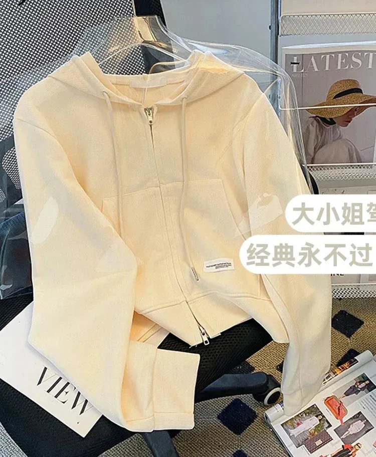 Metaversmall Autumn Grey High Waist Cropped Hoodies Zip-up Short Hooded Female Cardigan Korean Women's Sweatshirt Pink Small Coat M-XL