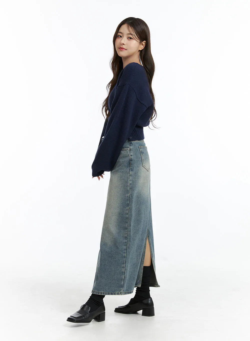 Mid Waist Solid Button Washed Denim Maxi Skirt OJ411