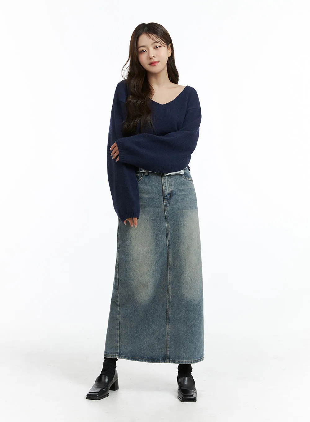 Mid Waist Solid Button Washed Denim Maxi Skirt OJ411