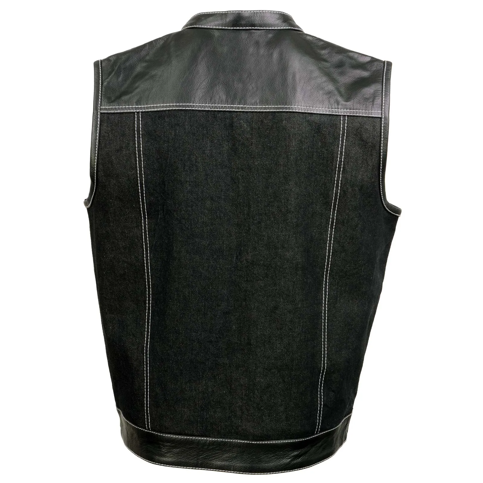 Milwaukee Leather MDM3006 Men's 'Brute' Black Denim and Black Leather Club Style Vest w/ Hidden Dual Closure